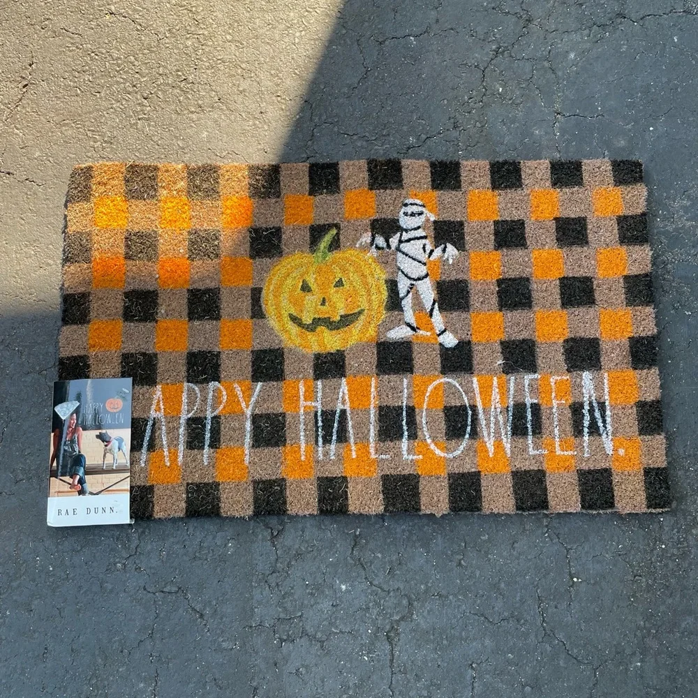 Rae Dunn happy Halloween mummy plaid door mat